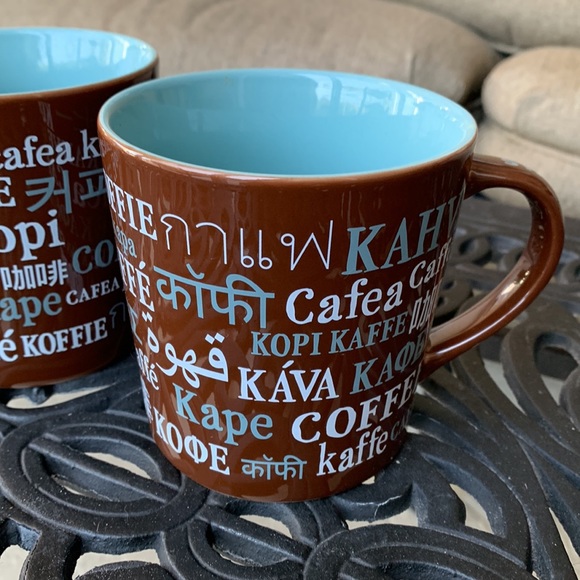 Set of Two brand NEW Starbucks mugs, brown with multiple language “coffee” motif - Picture 3 of 8